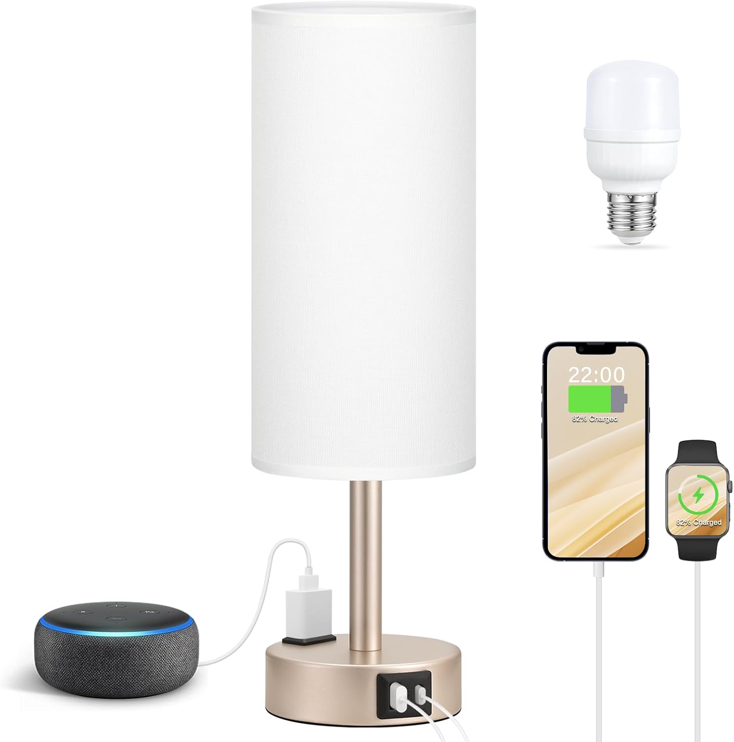 3 Way Dimmable Touch Bedside Lamp with USB C Port and AC Outlet