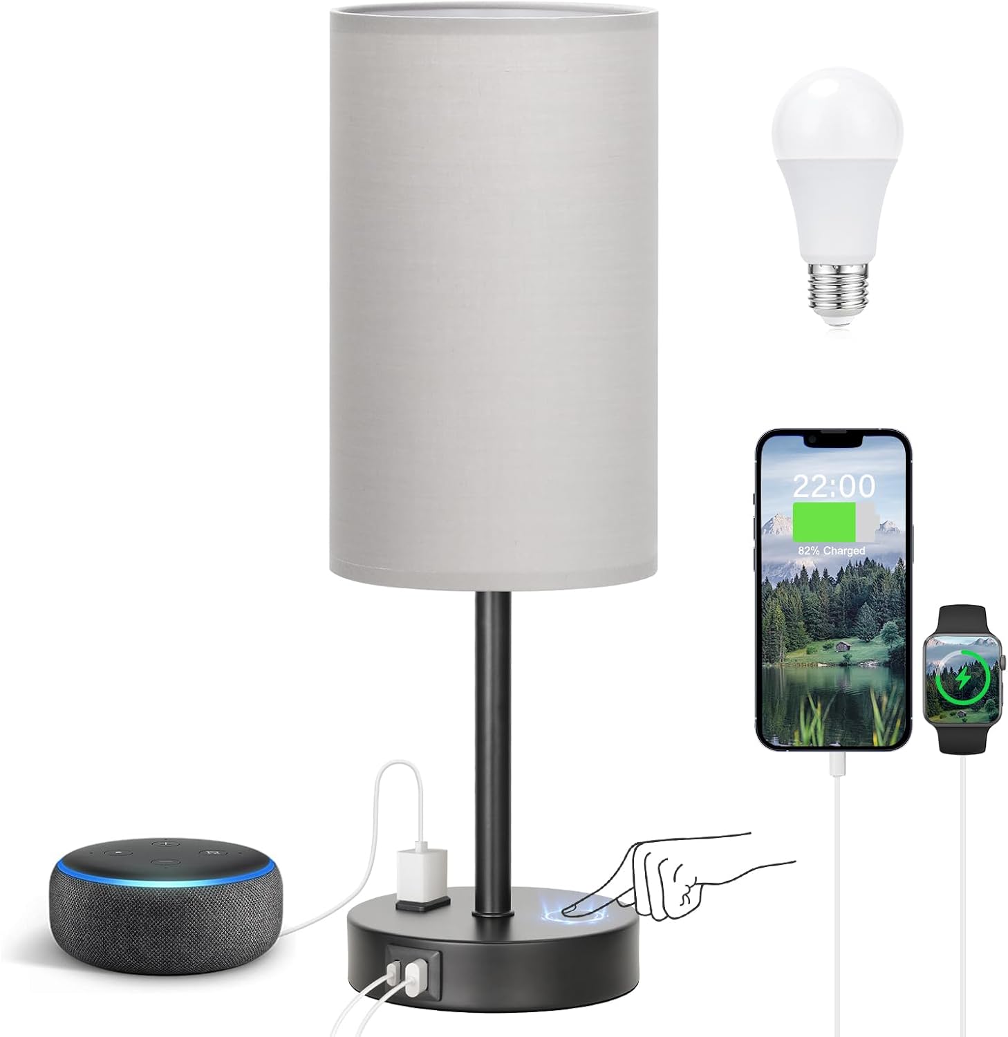 3 Way Dimmable Touch Bedside Lamp with USB C Port and AC Outlet