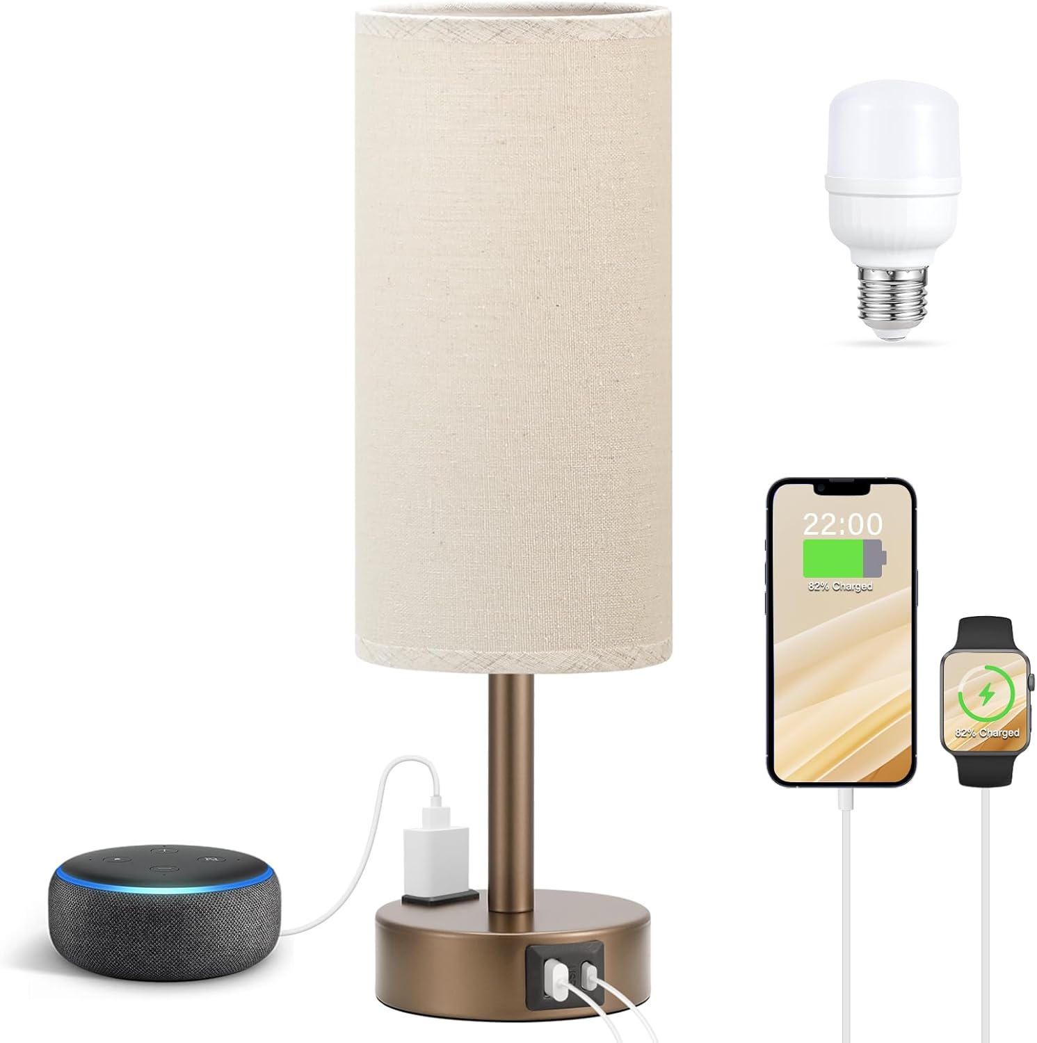 3 Way Dimmable Touch Bedside Lamp with USB C Port and AC Outlet