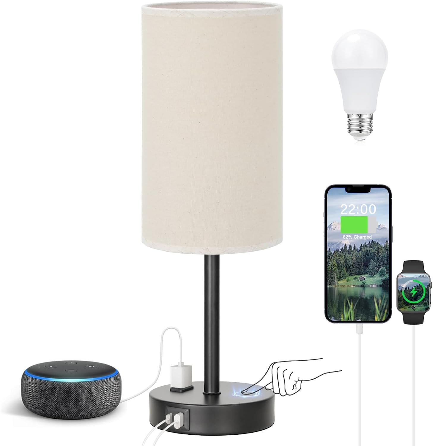 3 Way Dimmable Touch Bedside Lamp with USB C Port and AC Outlet