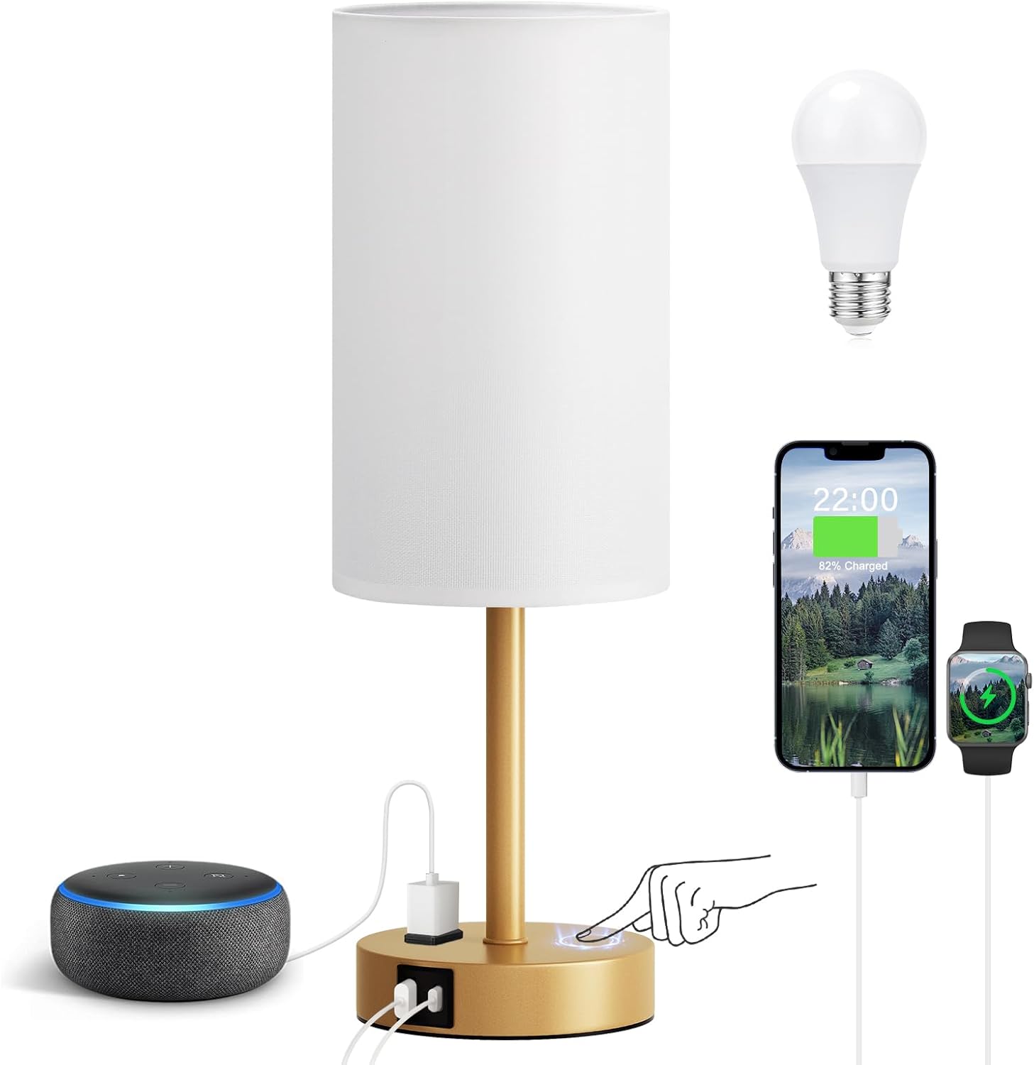 3 Way Dimmable Touch Bedside Lamp with USB C Port and AC Outlet