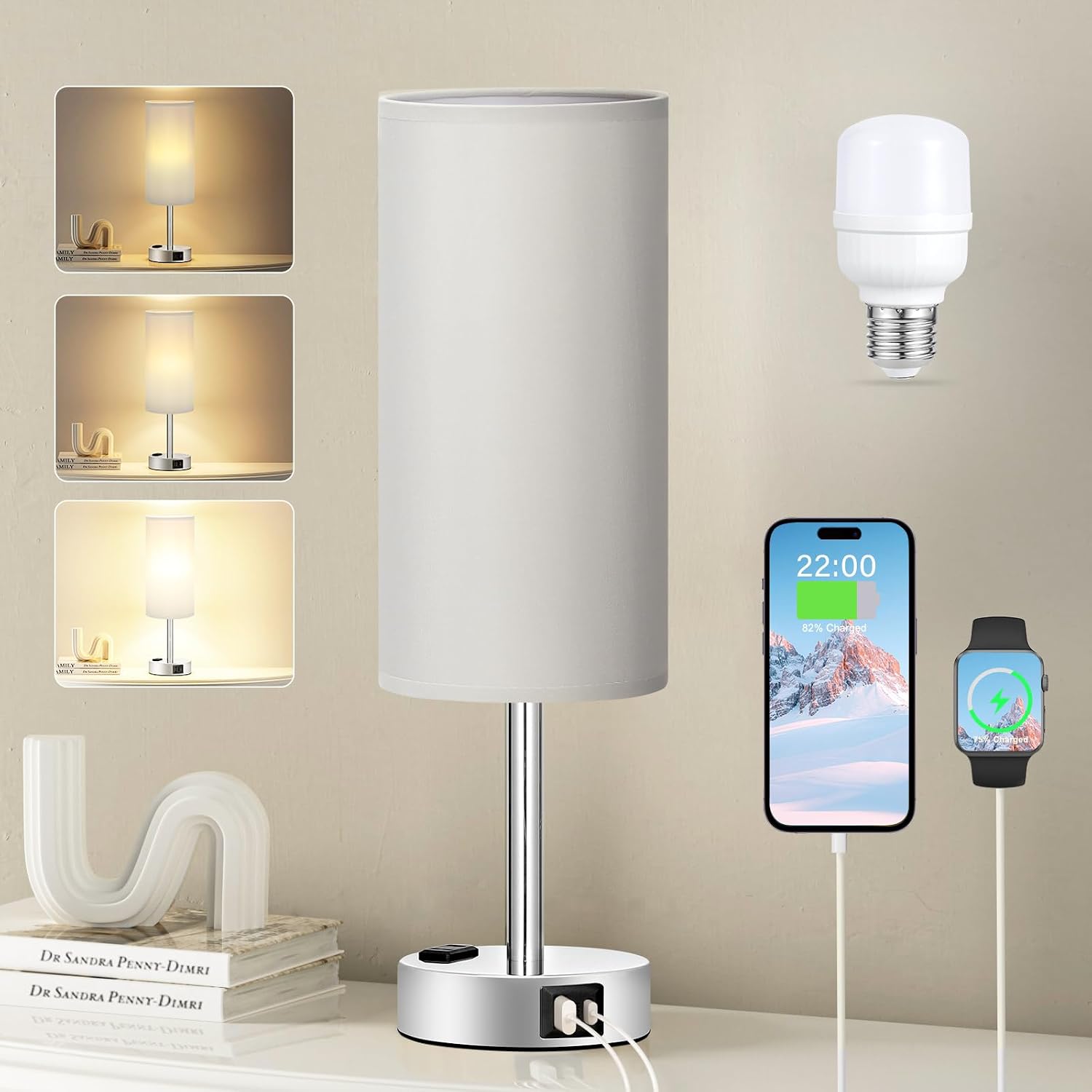 3 Way Dimmable Touch Bedside Lamp with USB C Port and AC Outlet