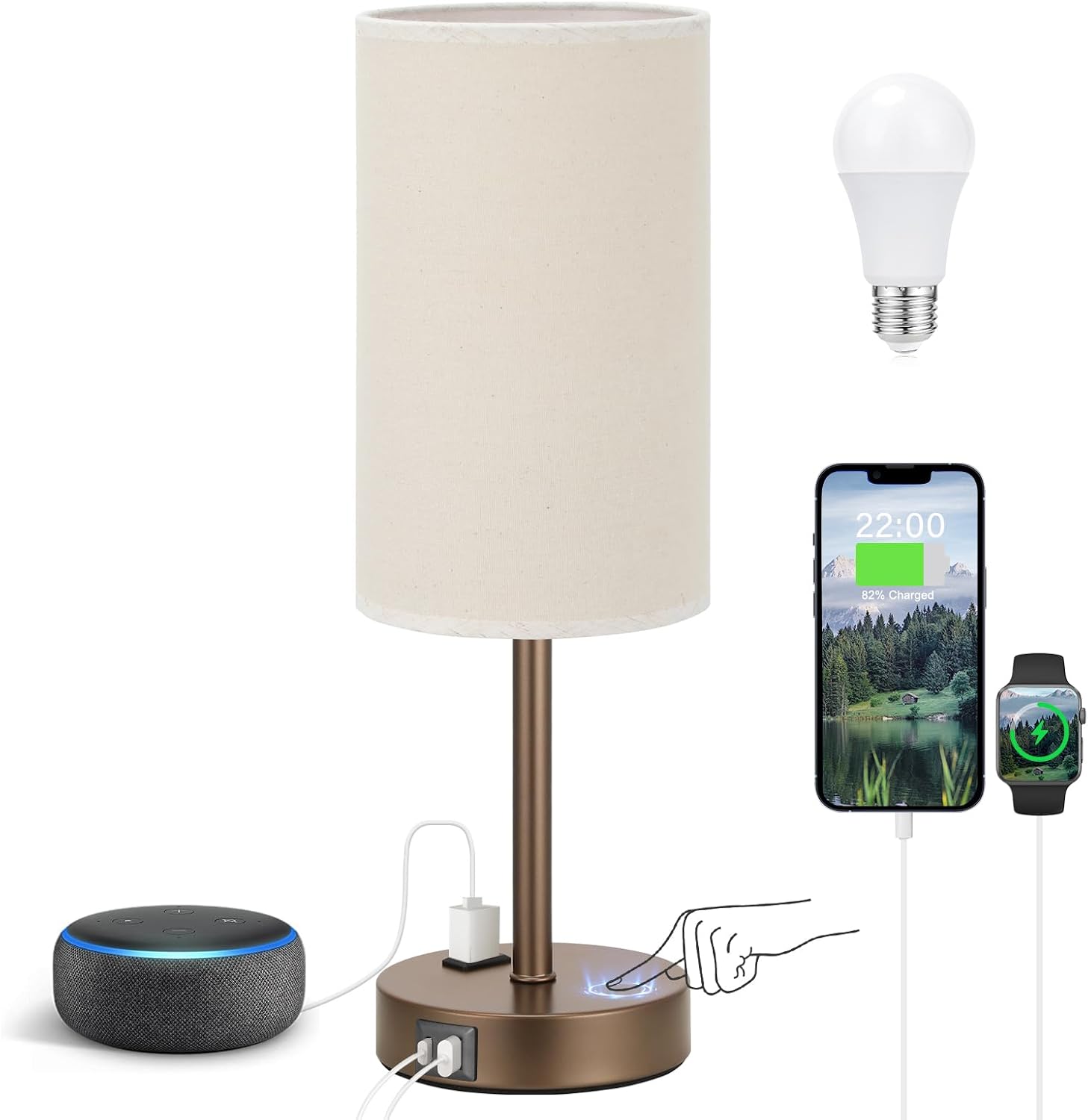 3 Way Dimmable Touch Bedside Lamp with USB C Port and AC Outlet