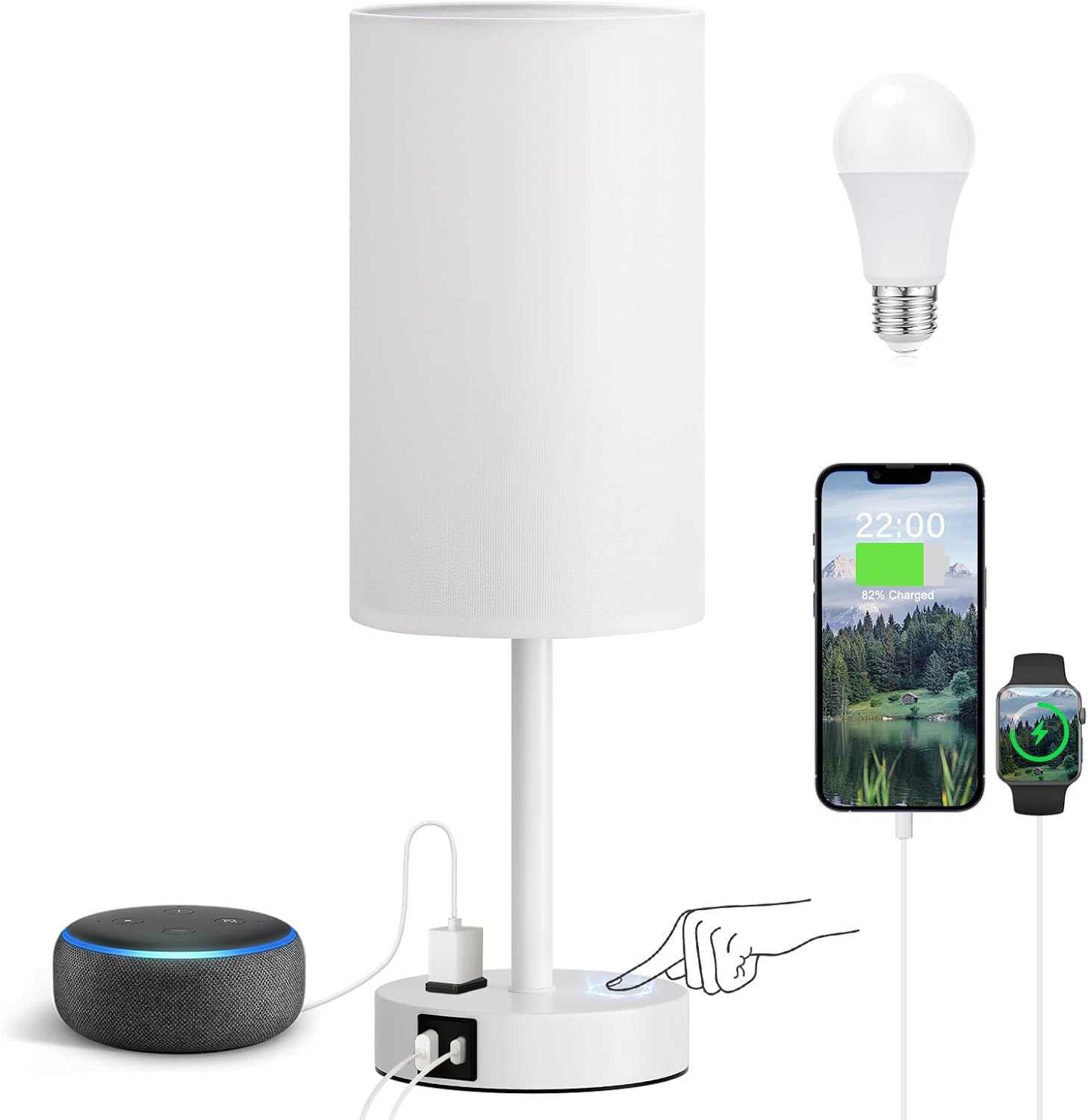 3 Way Dimmable Touch Bedside Lamp with USB C Port and AC Outlet