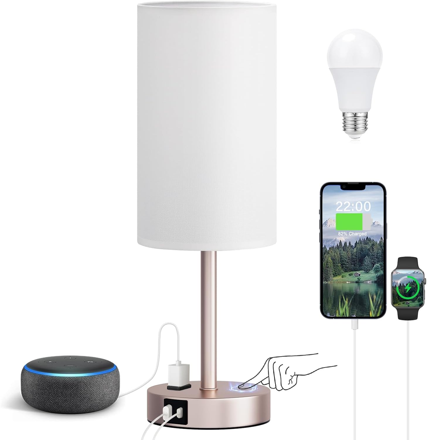 3 Way Dimmable Touch Bedside Lamp with USB C Port and AC Outlet