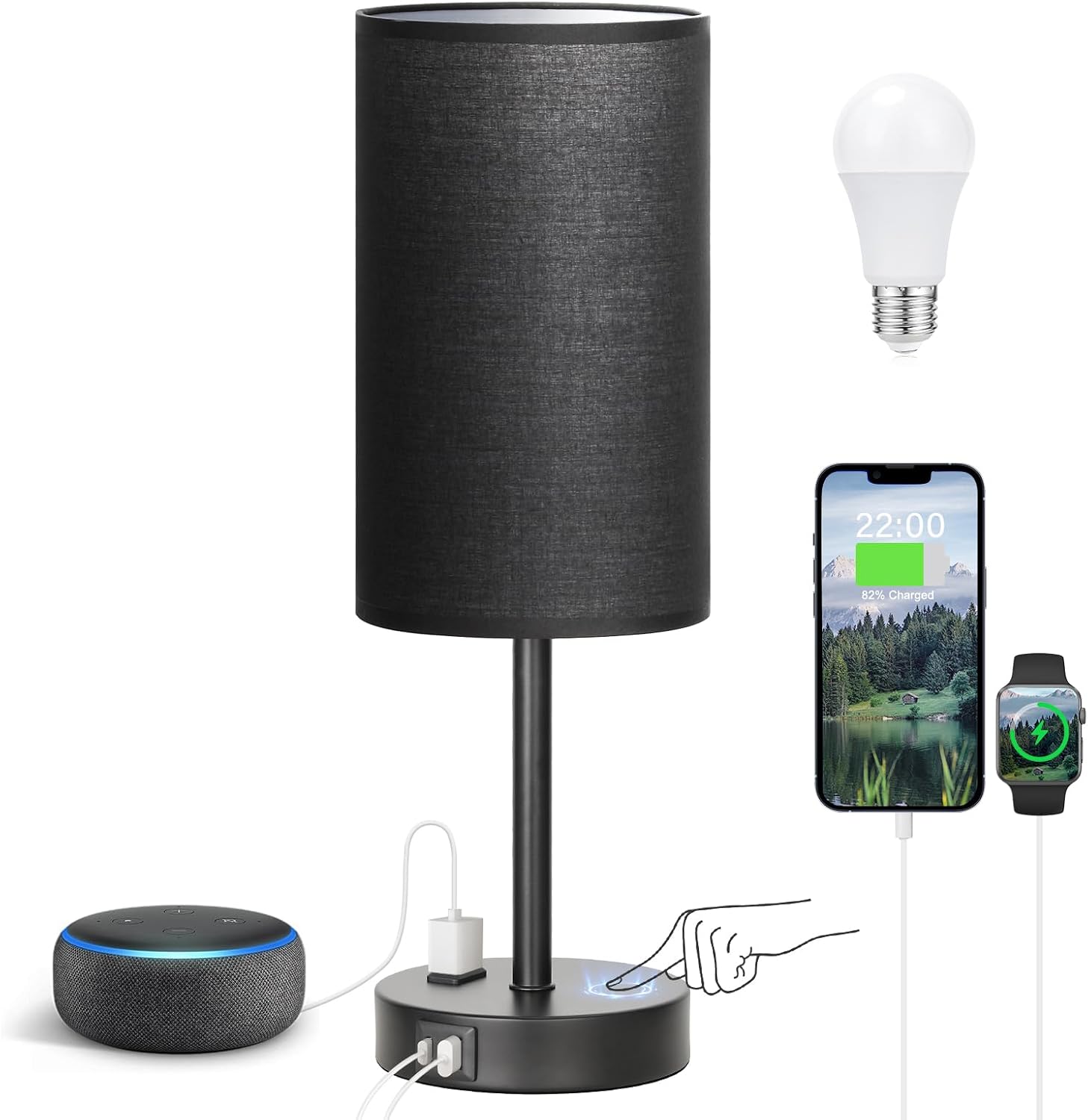 3 Way Dimmable Touch Bedside Lamp with USB C Port and AC Outlet