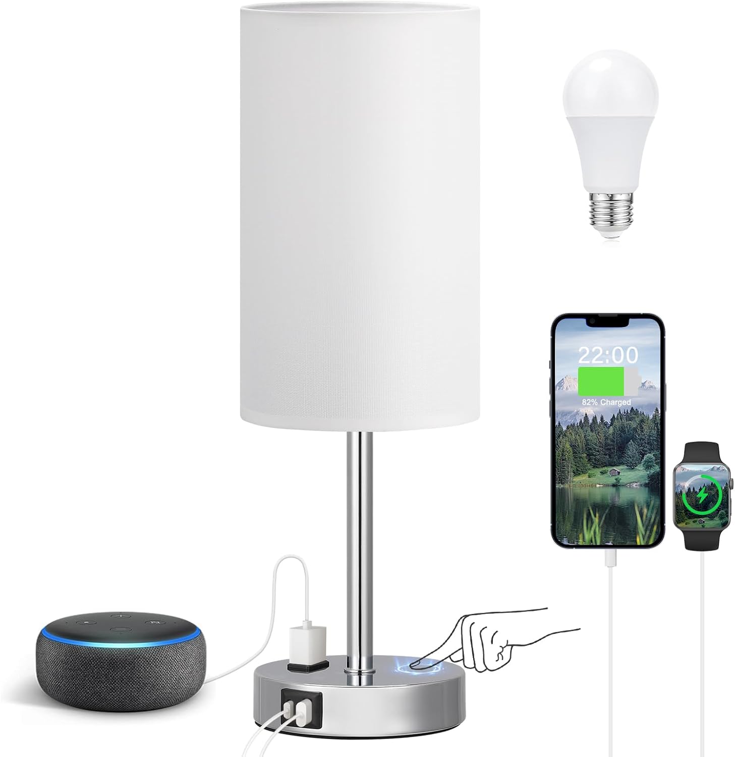 3 Way Dimmable Touch Bedside Lamp with USB C Port and AC Outlet