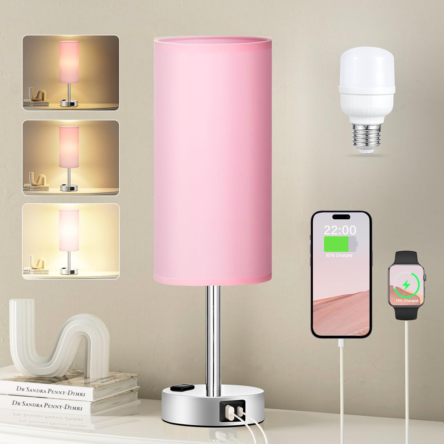 3 Way Dimmable Touch Bedside Lamp with USB C Port and AC Outlet