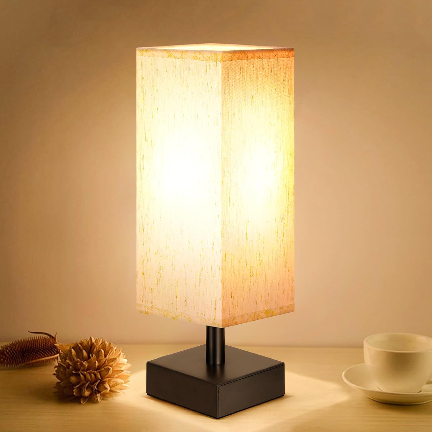 Small Bedside Table Lamp with Fabric Shade for Bedroom Desk Office