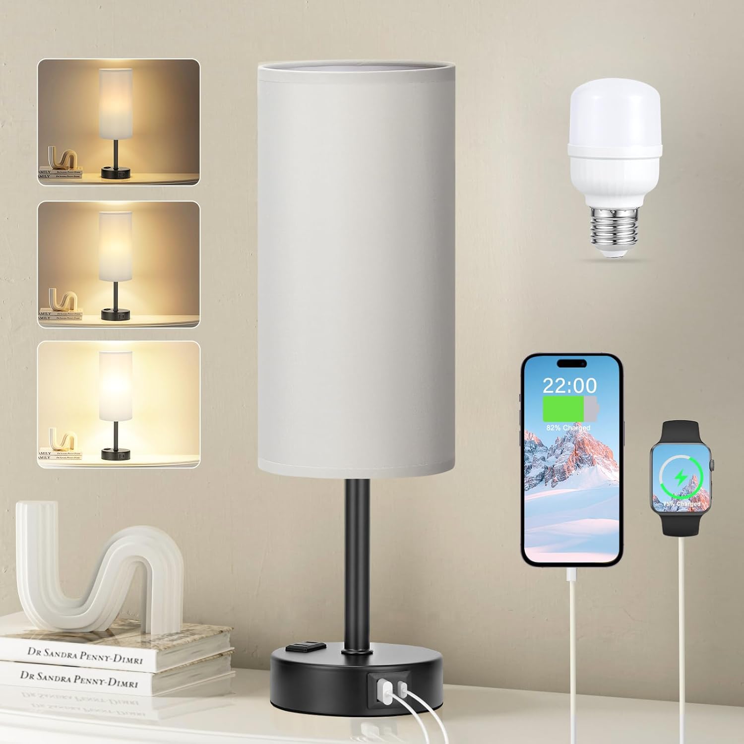 3 Way Dimmable Touch Bedside Lamp with USB C Port and AC Outlet