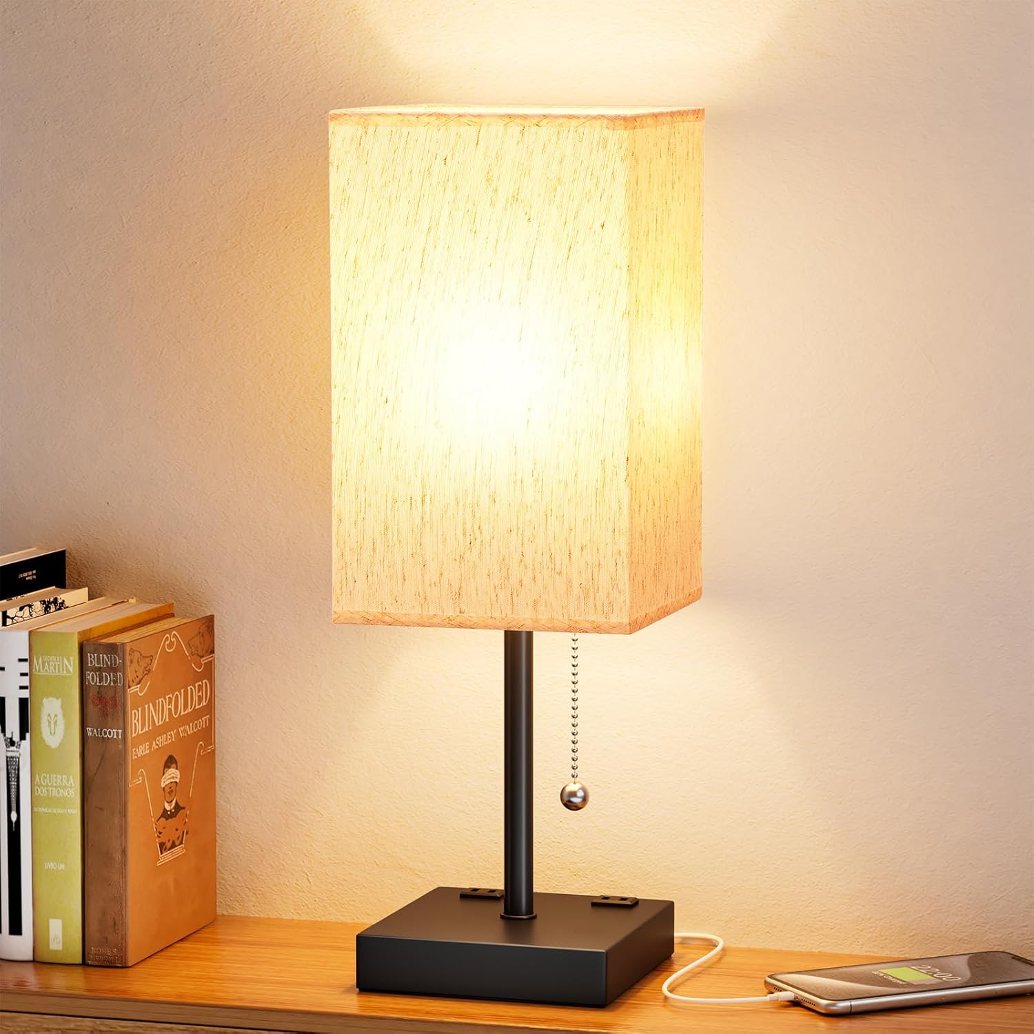 Small Bedside Table Lamp with Fabric Shade for Bedroom Desk Office