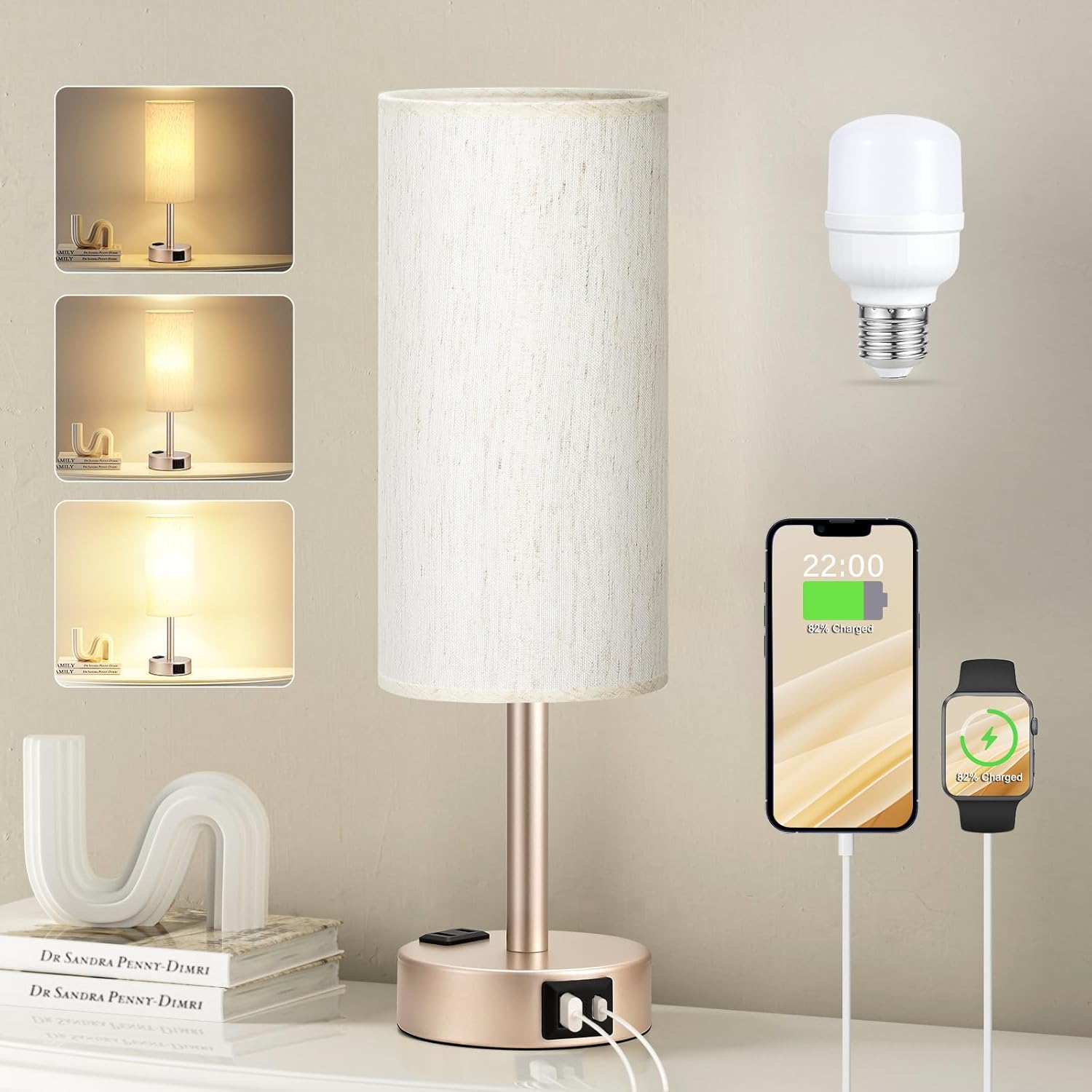 3 Way Dimmable Touch Bedside Lamp with USB C Port and AC Outlet