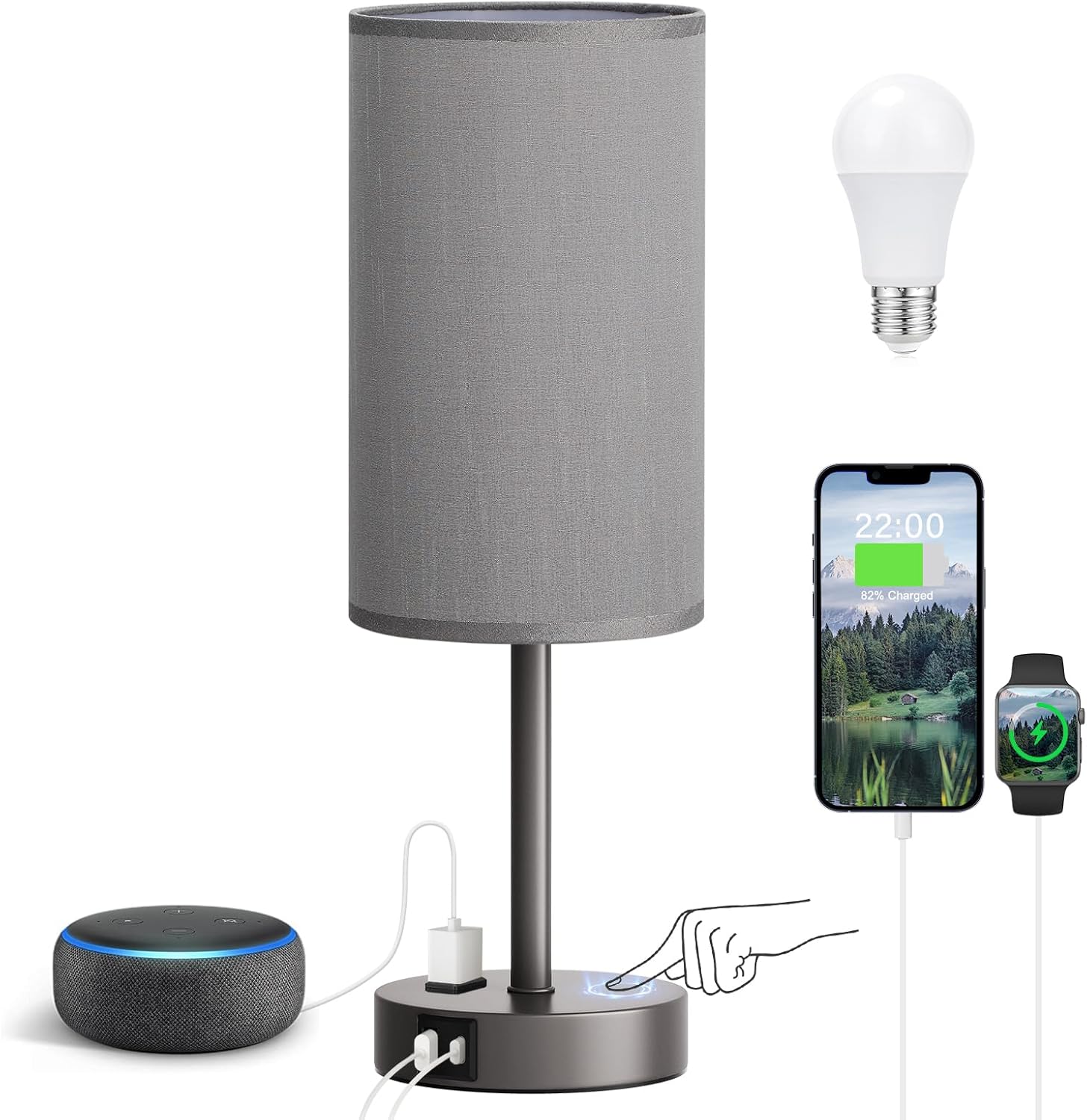 3 Way Dimmable Touch Bedside Lamp with USB C Port and AC Outlet