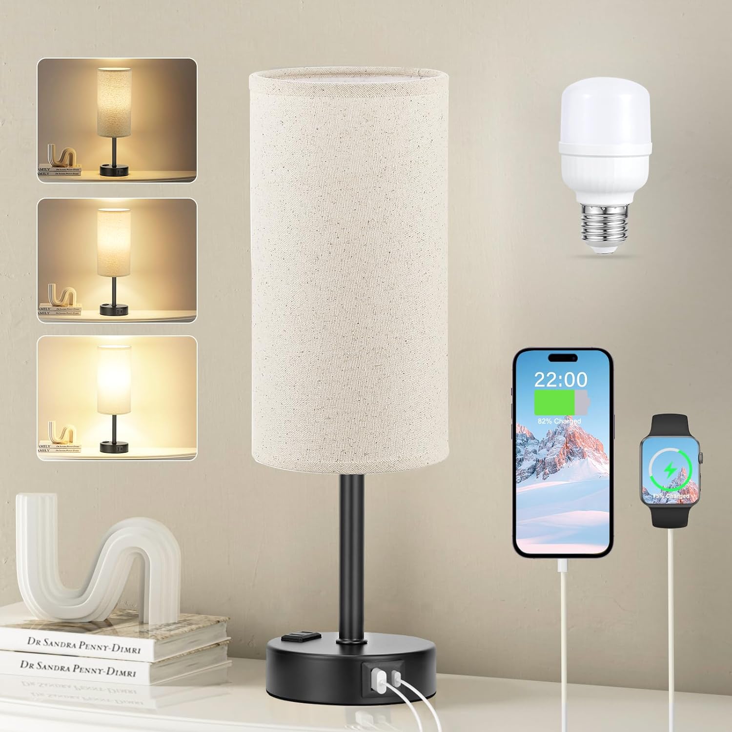 3 Way Dimmable Touch Bedside Lamp with USB C Port and AC Outlet