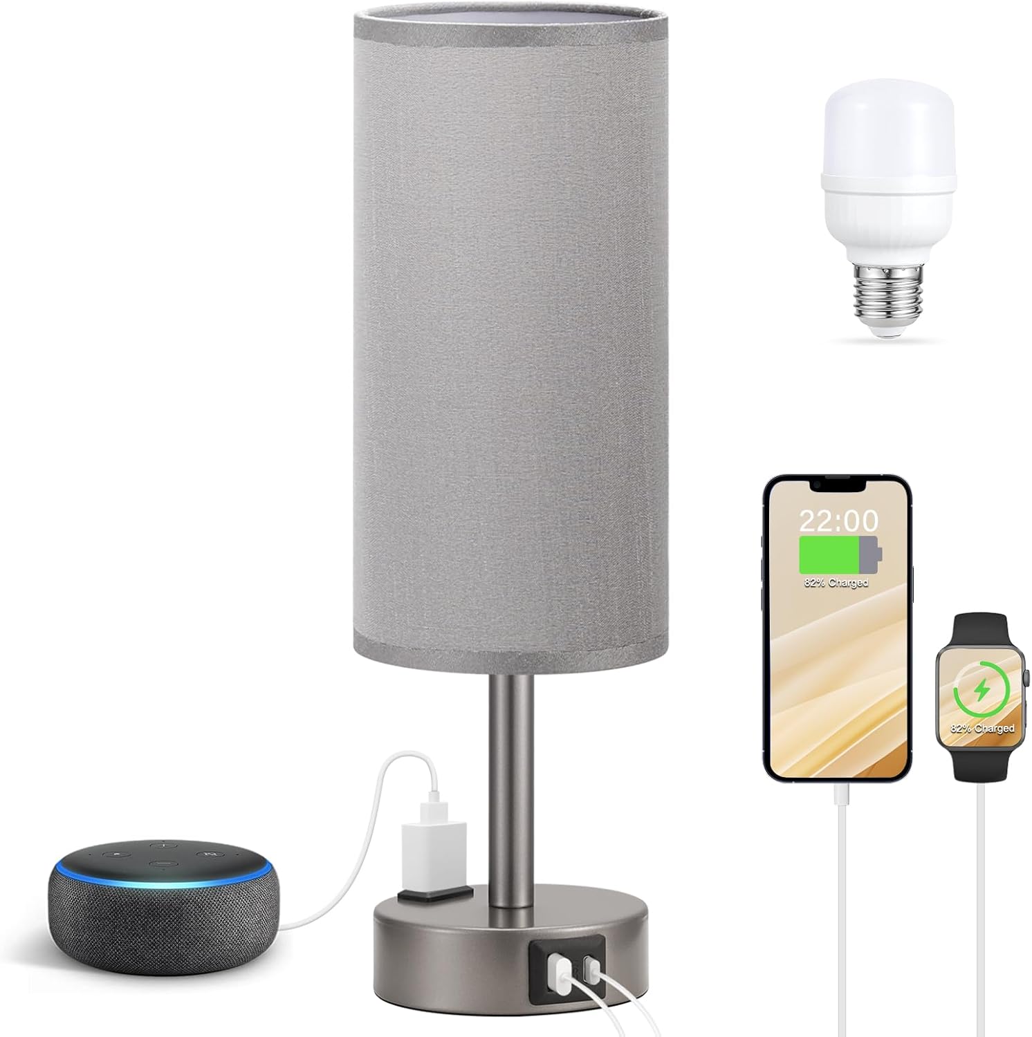 3 Way Dimmable Touch Bedside Lamp with USB C Port and AC Outlet