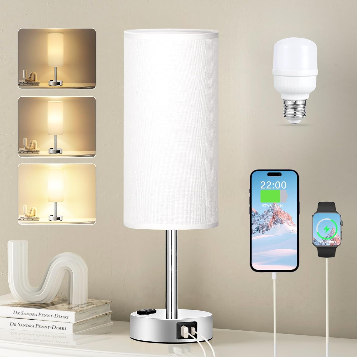 3 Way Dimmable Touch Bedside Lamp with USB C Port and AC Outlet