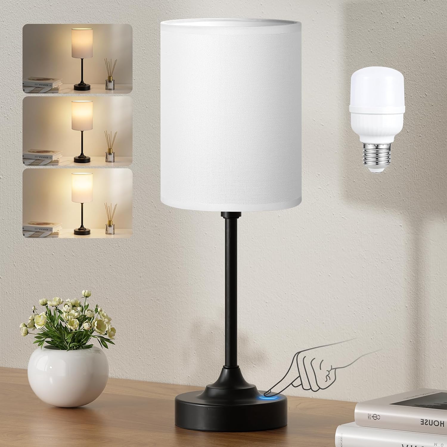 3 Way Dimmable Touch Bedside Lamp with USB C Port and AC Outlet
