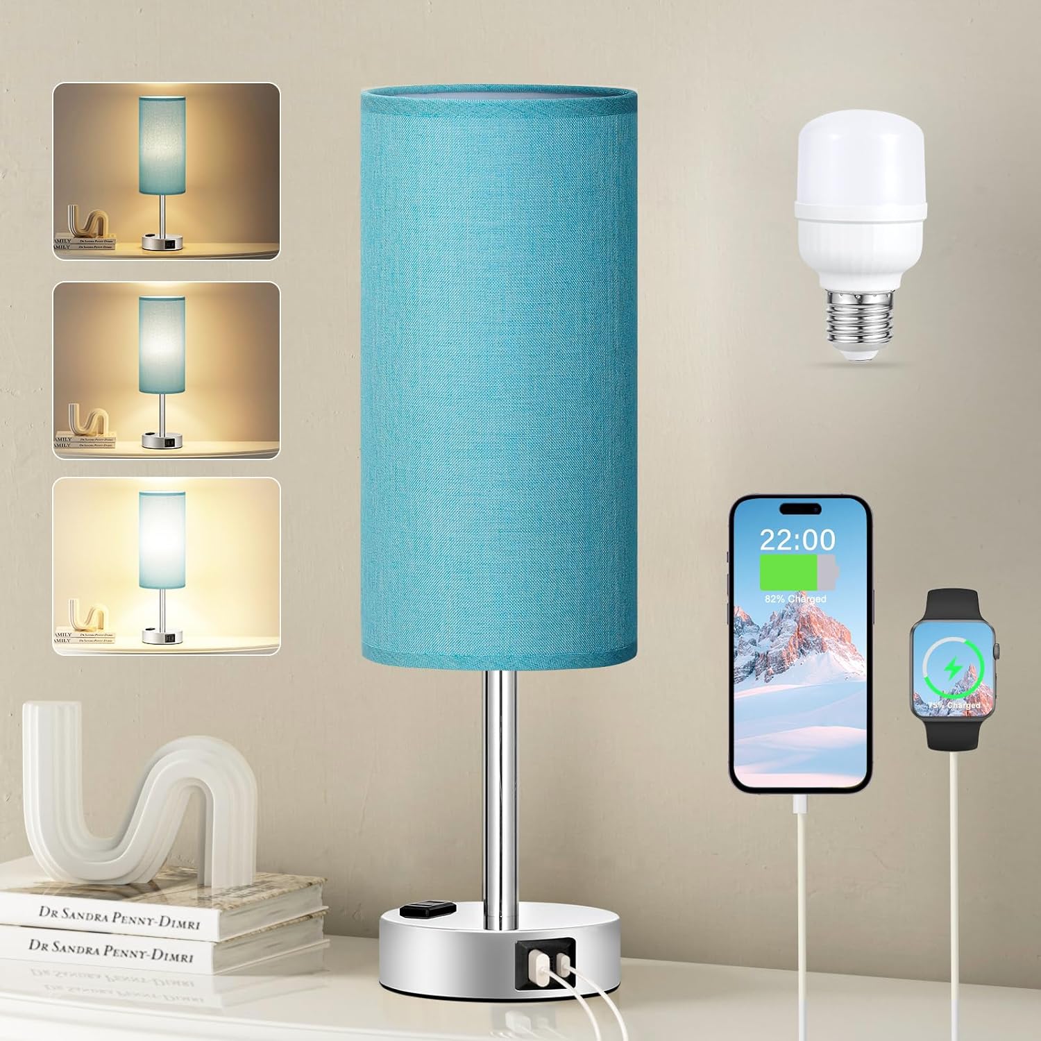 3 Way Dimmable Touch Bedside Lamp with USB C Port and AC Outlet