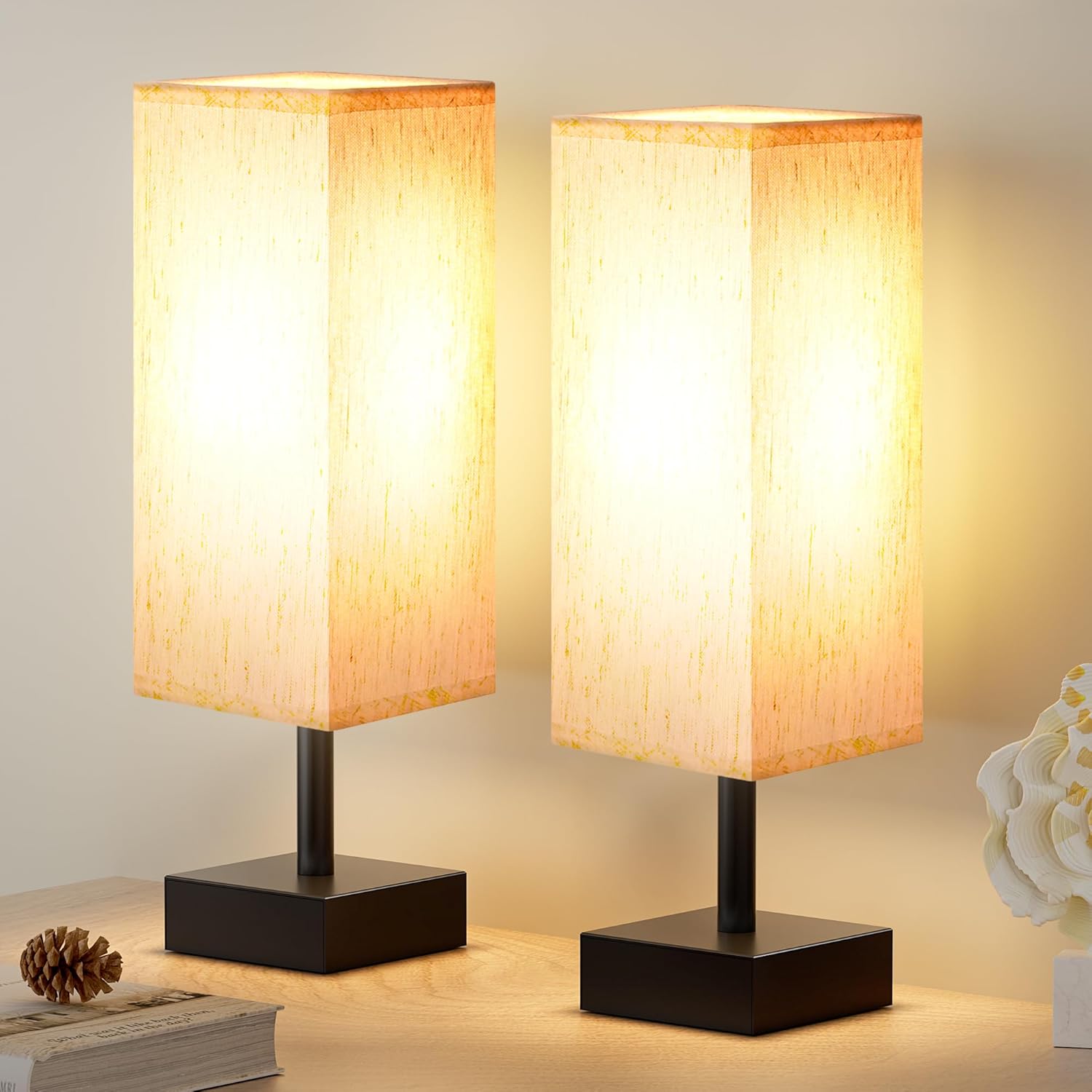 Small Bedside Table Lamp with Fabric Shade for Bedroom Desk Office
