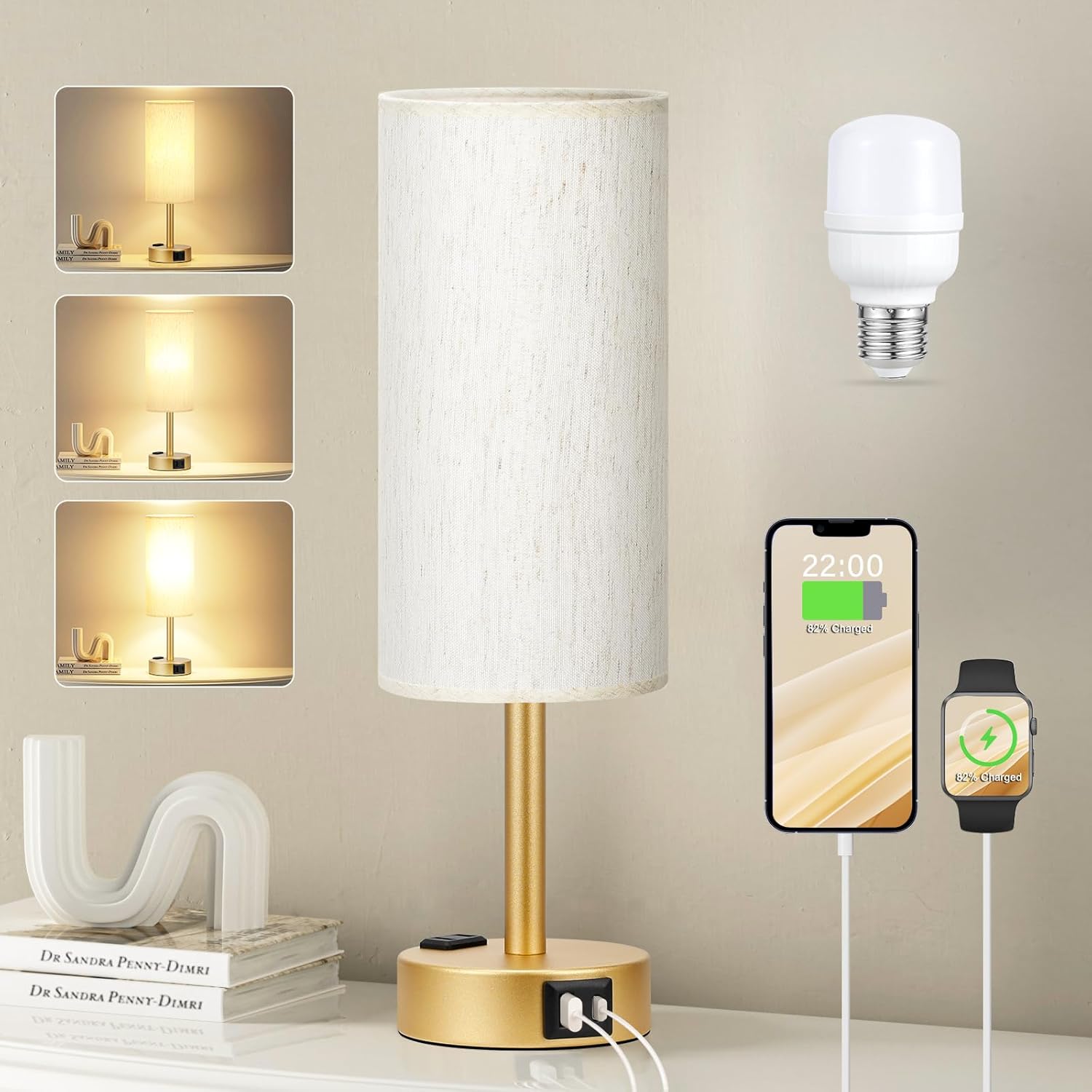3 Way Dimmable Touch Bedside Lamp with USB C Port and AC Outlet