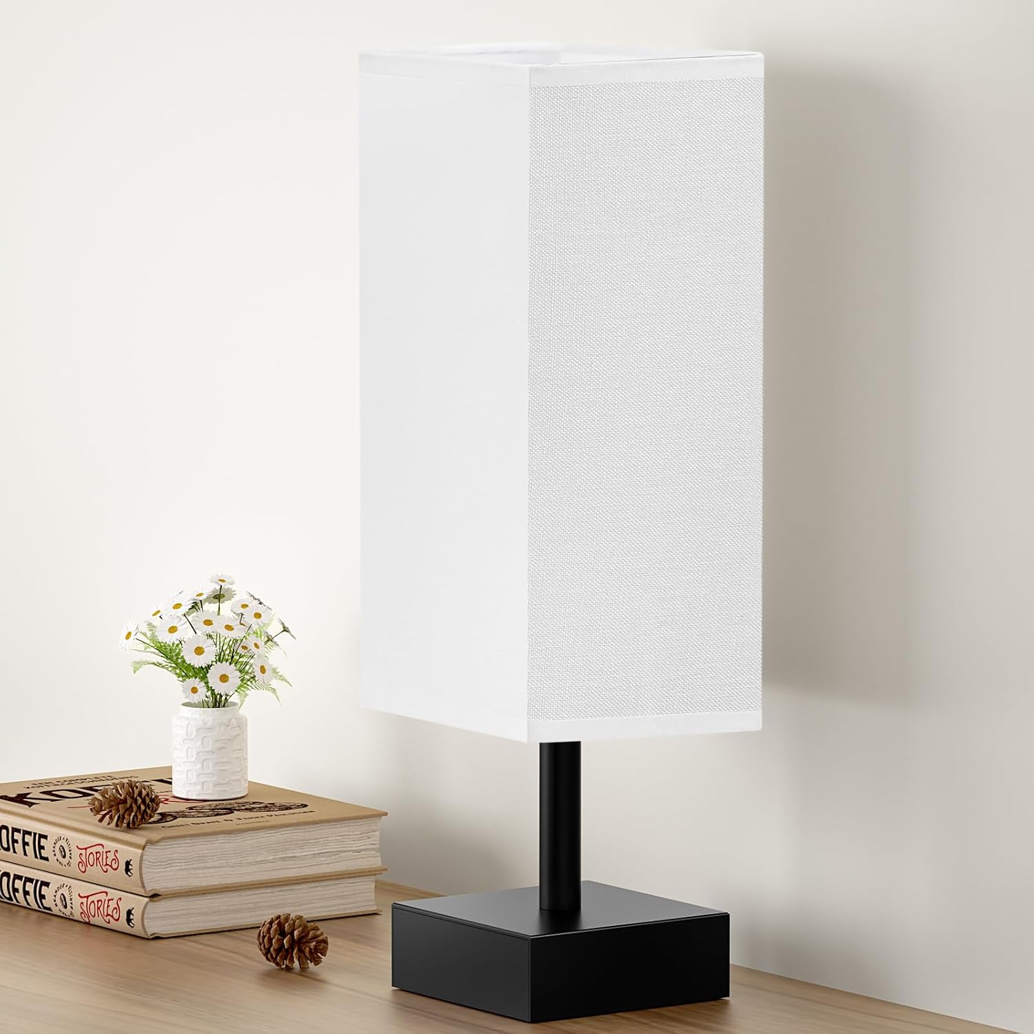 Small Bedside Table Lamp with Fabric Shade for Bedroom Desk Office