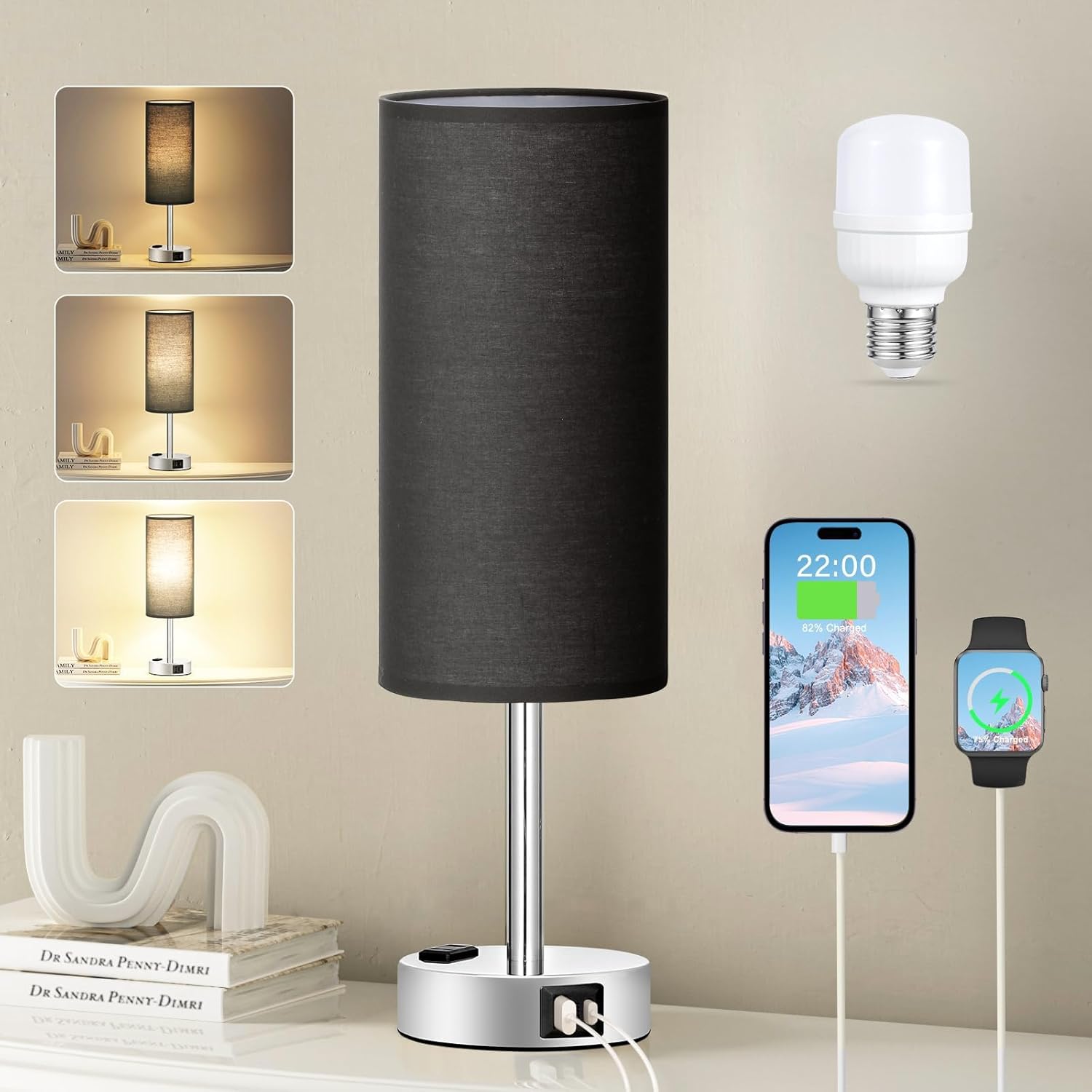 3 Way Dimmable Touch Bedside Lamp with USB C Port and AC Outlet