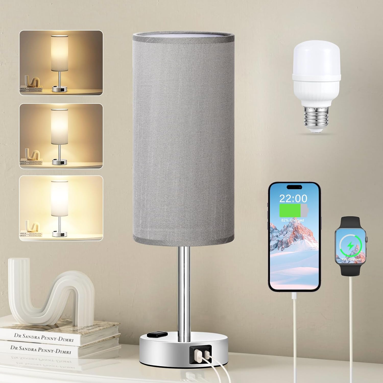 3 Way Dimmable Touch Bedside Lamp with USB C Port and AC Outlet