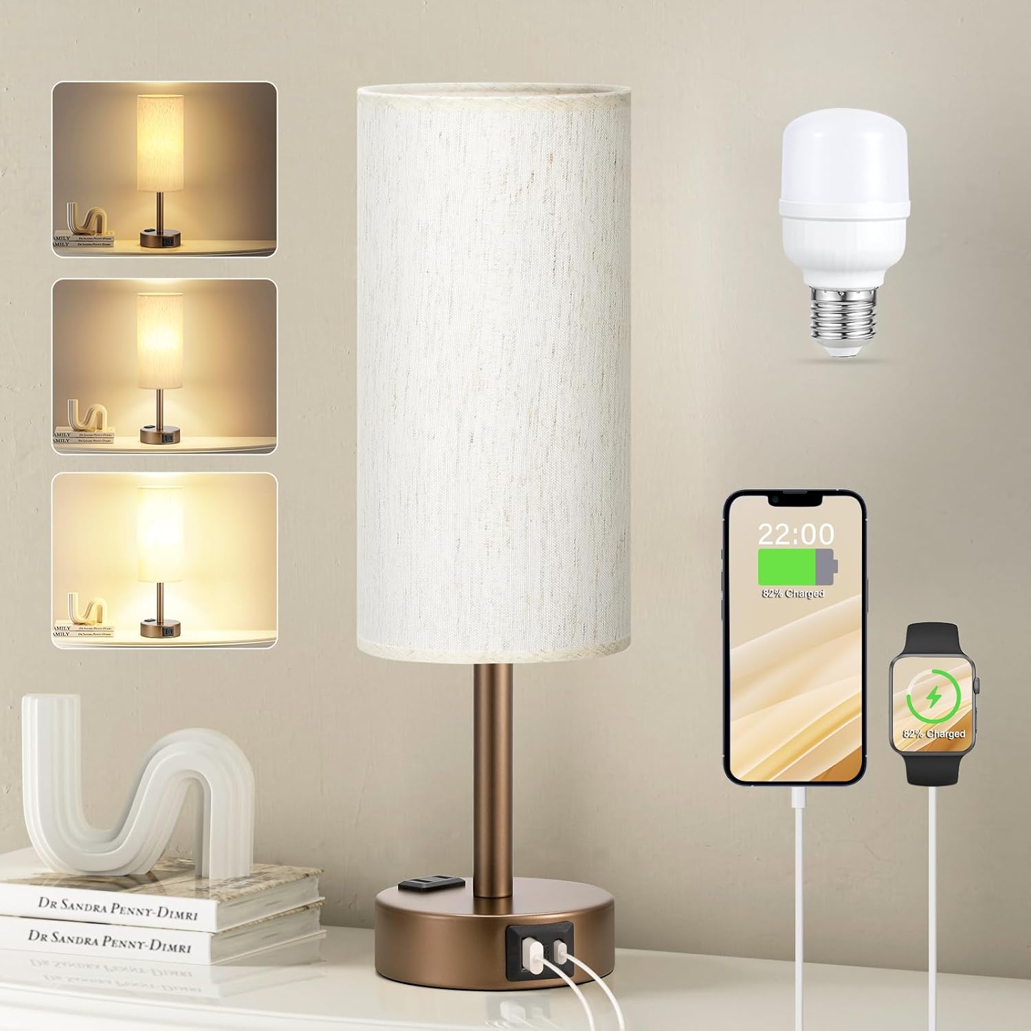 3 Way Dimmable Touch Bedside Lamp with USB C Port and AC Outlet