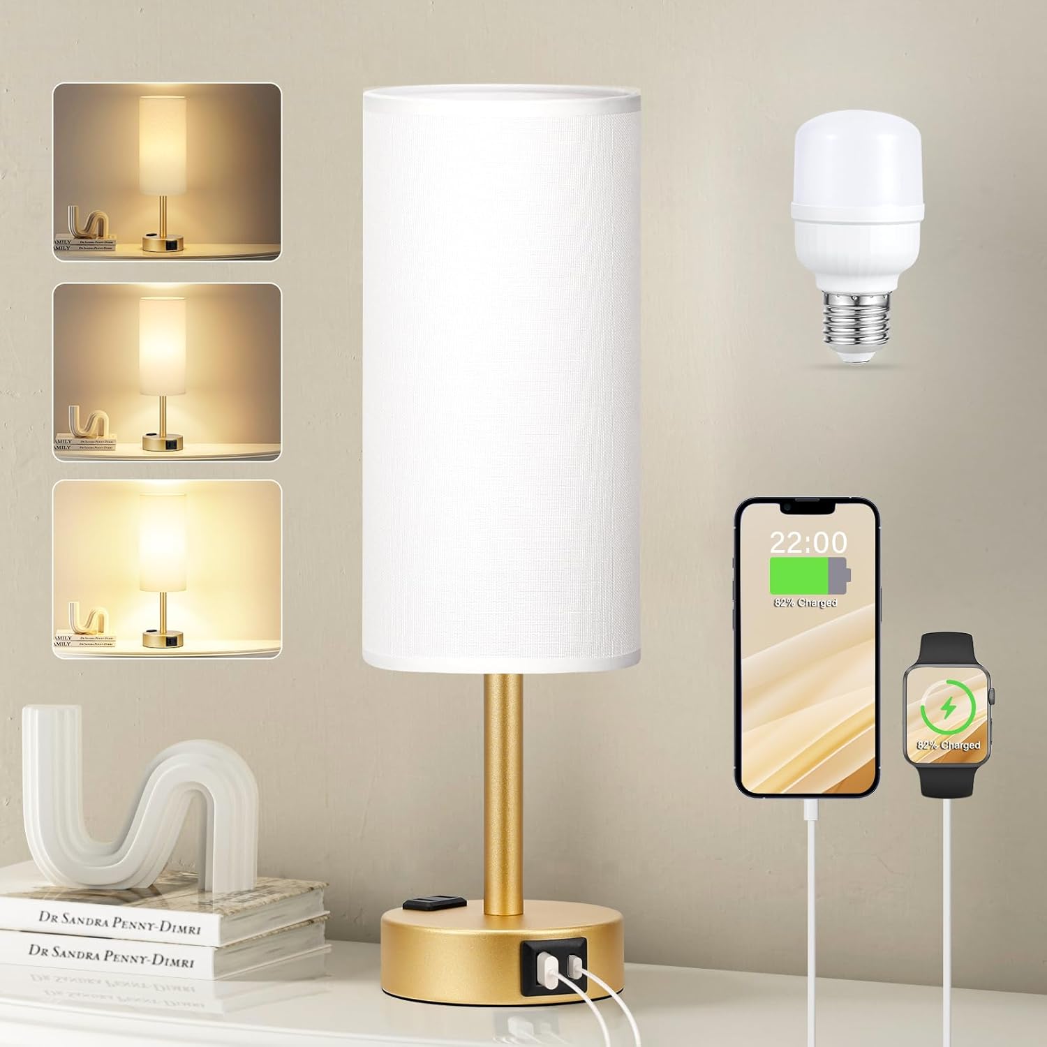 3 Way Dimmable Touch Bedside Lamp with USB C Port and AC Outlet