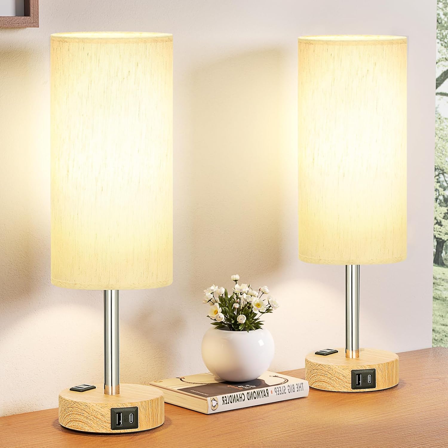3 Way Dimmable Touch Bedside Lamp with USB C Port and AC Outlet