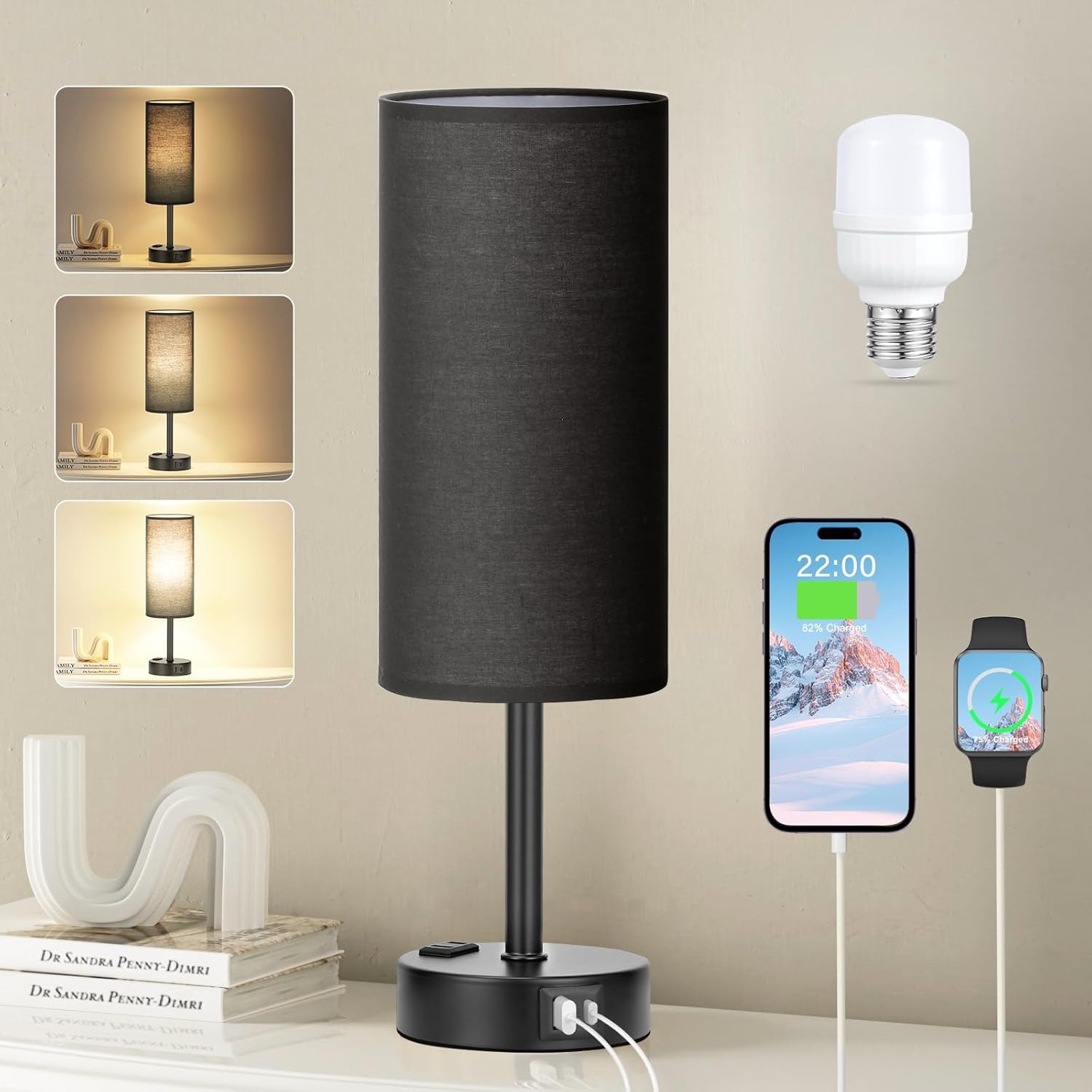 3 Way Dimmable Touch Bedside Lamp with USB C Port and AC Outlet