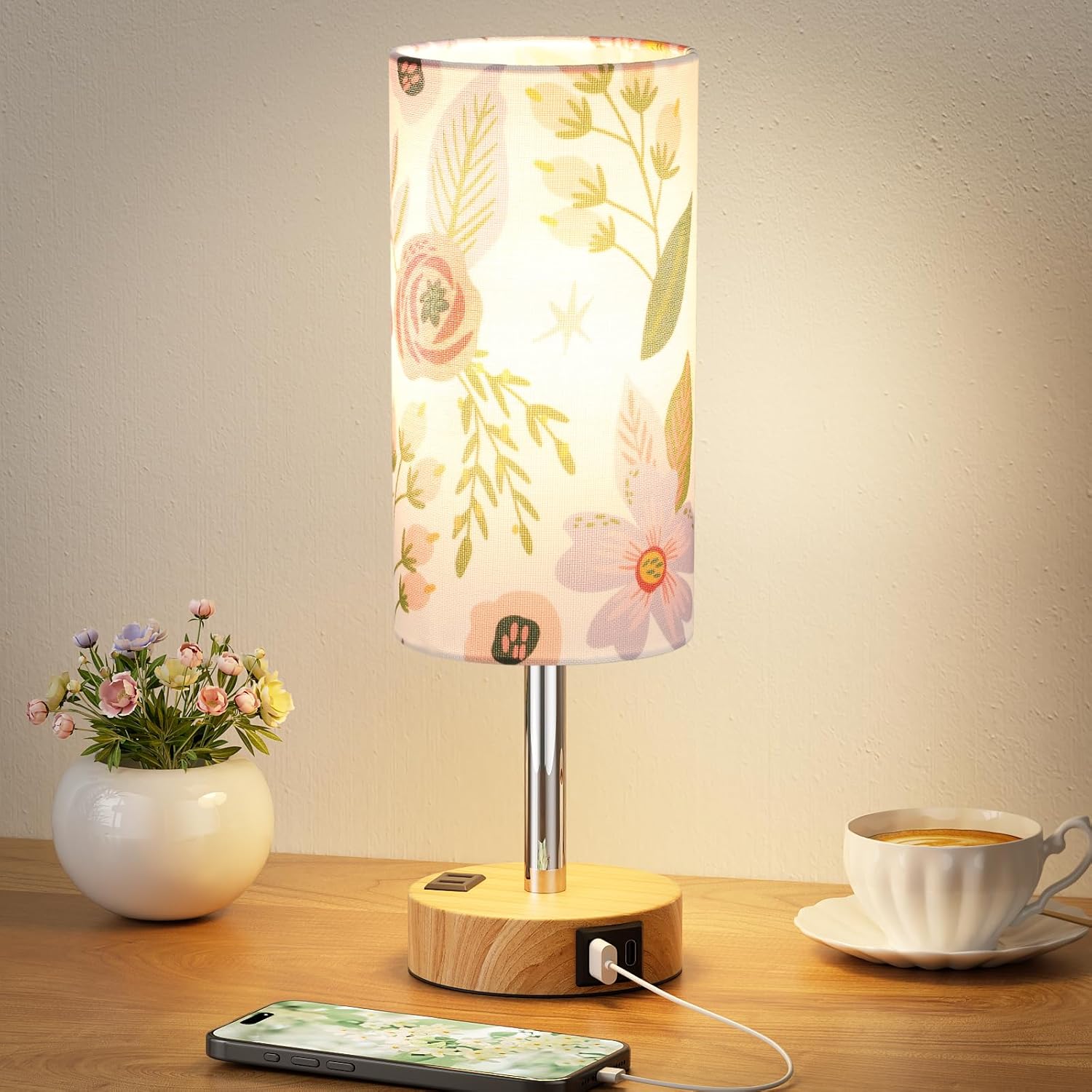 3 Way Dimmable Touch Bedside Lamp with USB C Port and AC Outlet