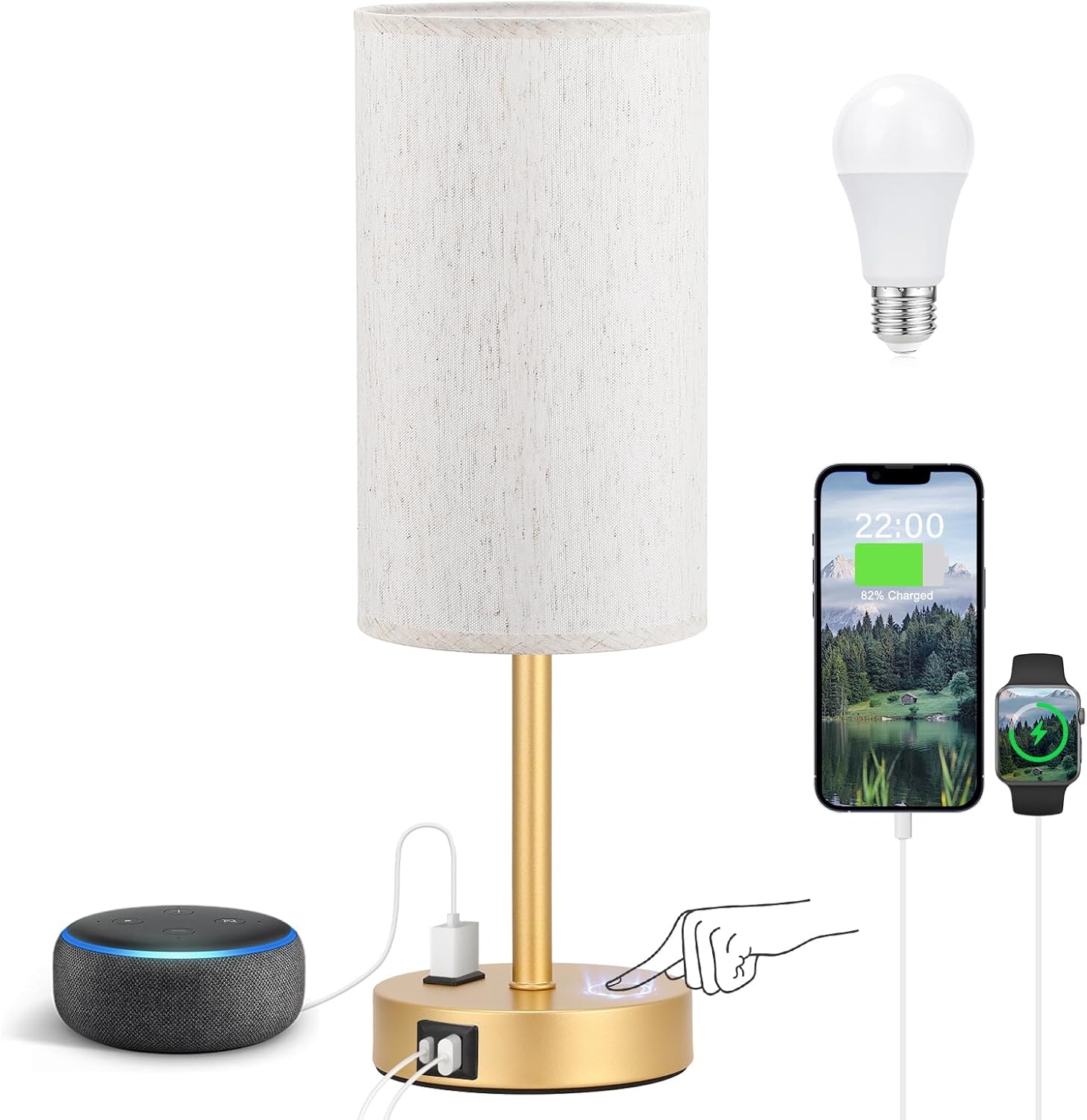 3 Way Dimmable Touch Bedside Lamp with USB C Port and AC Outlet