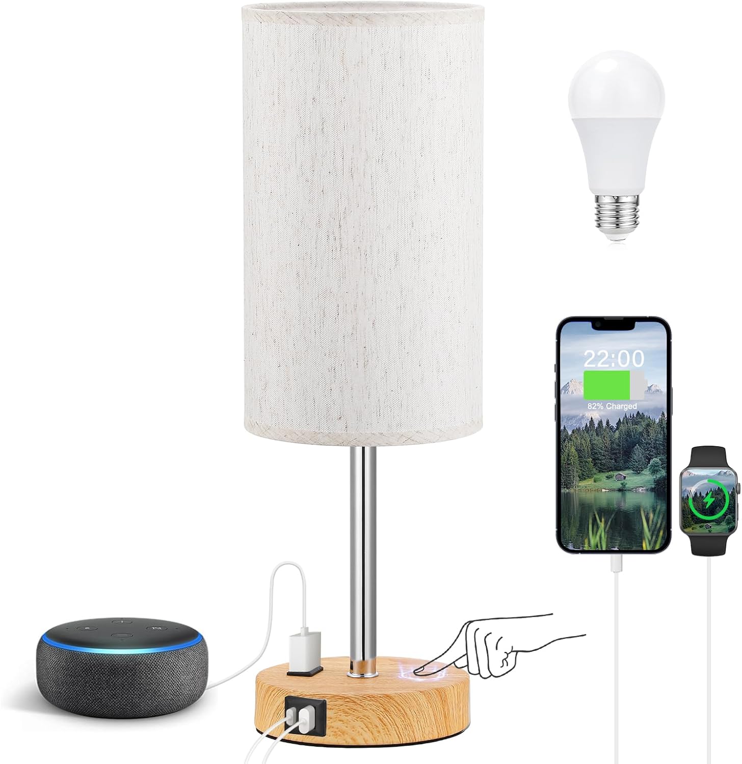 3 Way Dimmable Touch Bedside Lamp with USB C Port and AC Outlet