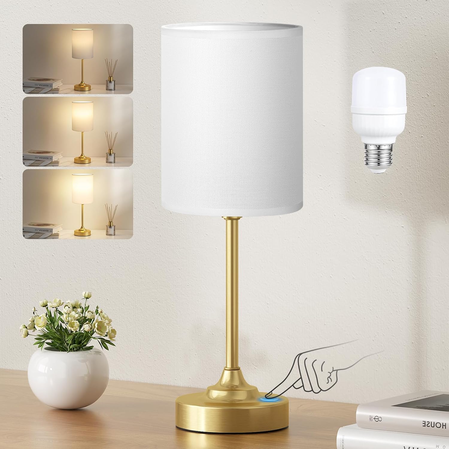 3 Way Dimmable Touch Bedside Lamp with USB C Port and AC Outlet