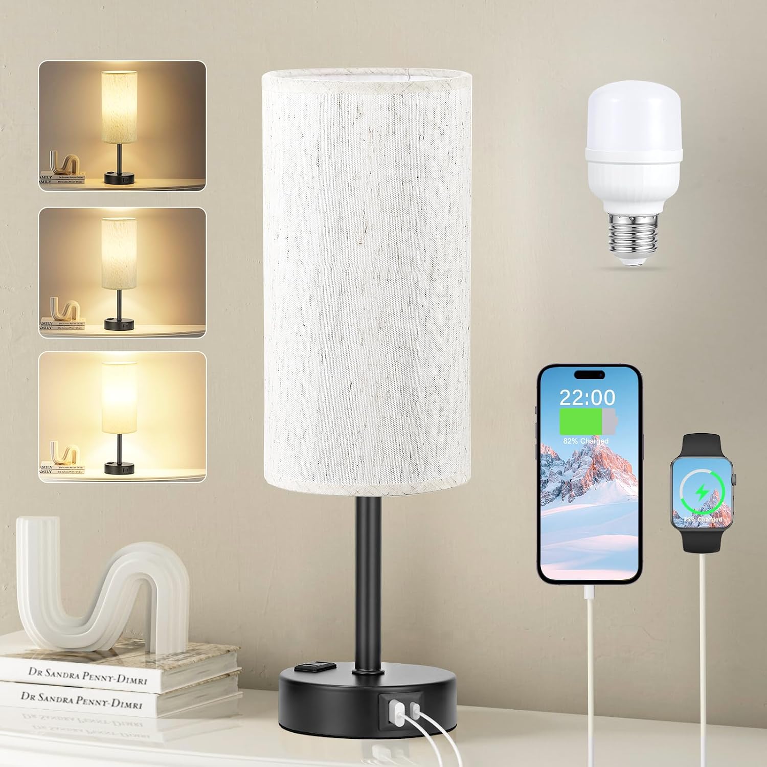 3 Way Dimmable Touch Bedside Lamp with USB C Port and AC Outlet