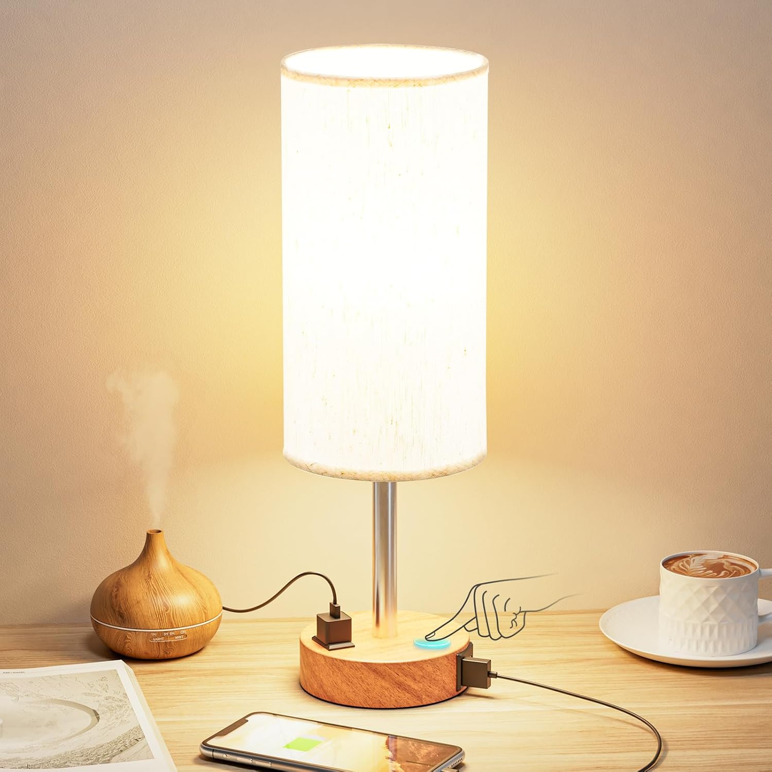 3 Way Dimmable Touch Bedside Lamp with USB C Port and AC Outlet