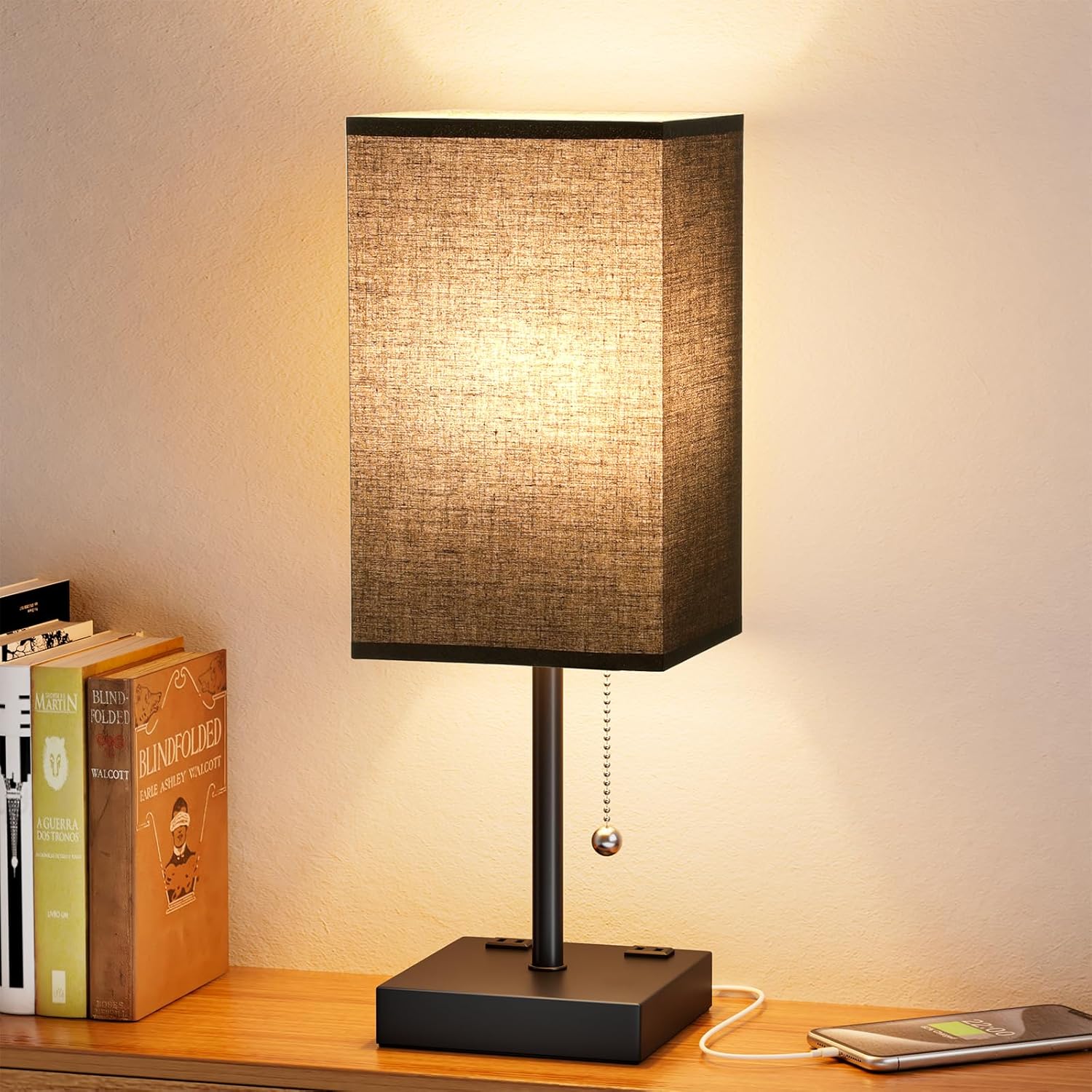 Small Bedside Table Lamp with Fabric Shade for Bedroom Desk Office